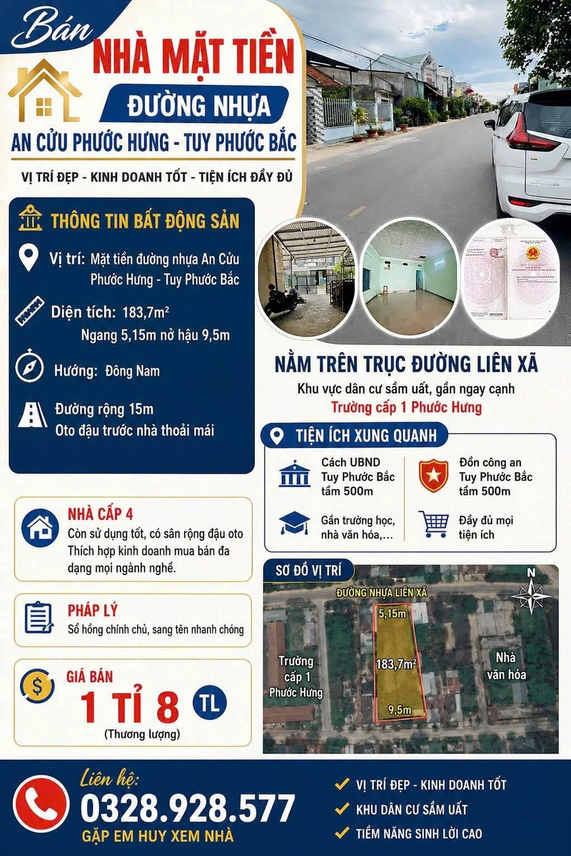 Bán nhà mặt tiền An Cửu 183,7m2 giá 1,79 tỷ, Phước Hưng, Tuy Phước Bắc - Ảnh thu nhỏ 2