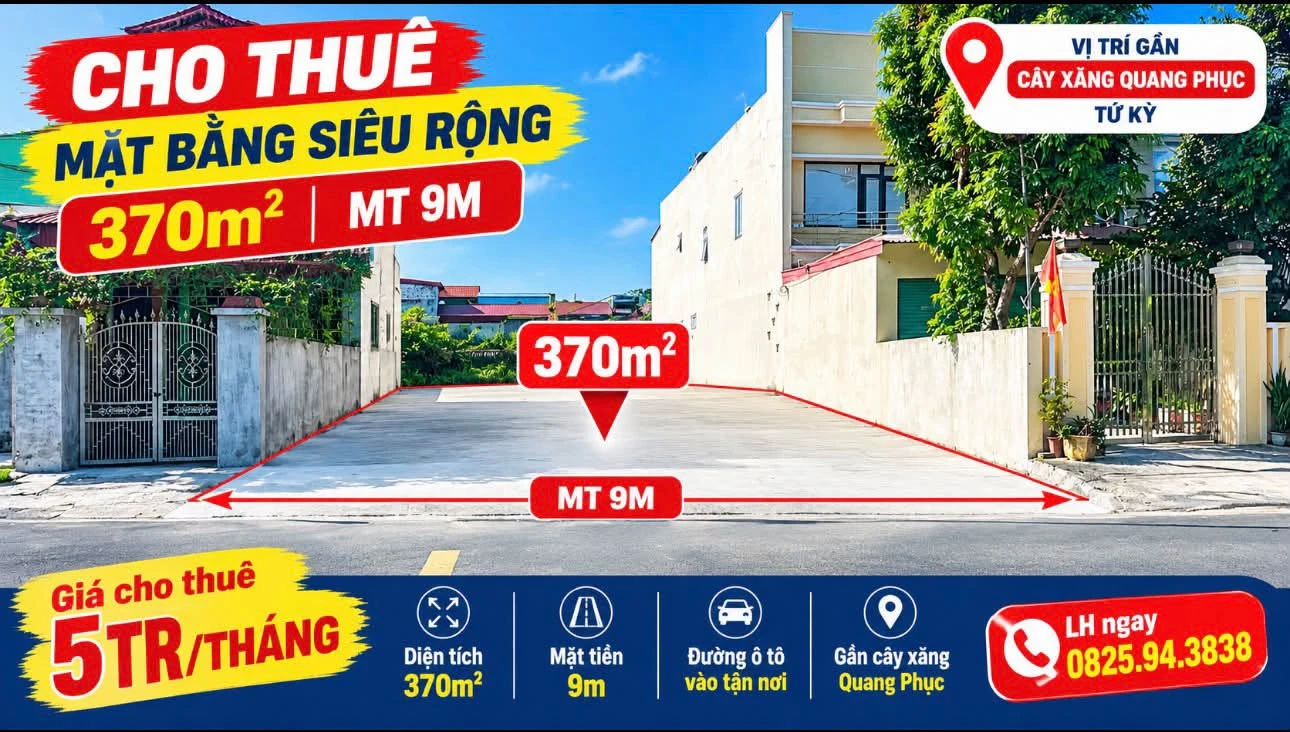 Cho thuê mặt bằng 370m² mặt tiền 9m Tứ Kỳ, 5 triệu/tháng - Ảnh 1