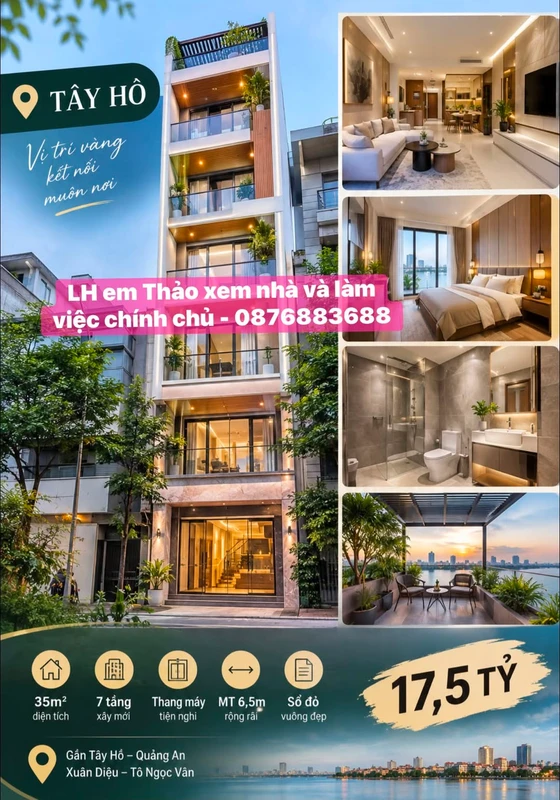 Bán nhà 35m² 7 tầng mặt tiền 6,5m Tây Hồ 17,5 tỷ
