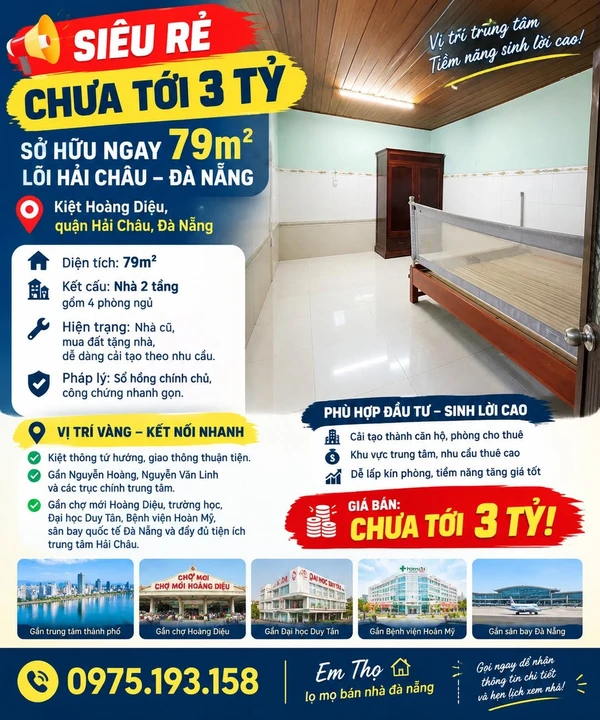 Bán nhà 79m² 4 PN Hải Châu Đà Nẵng chưa 3 tỷ