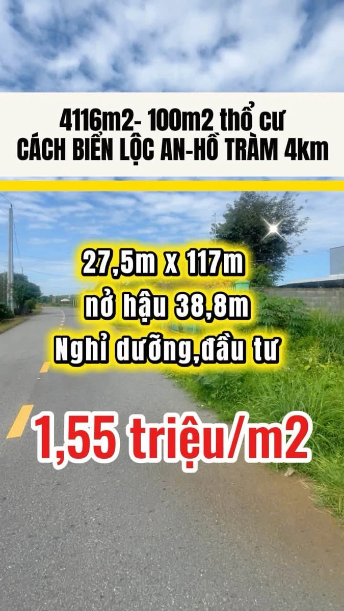 Bán đất biển Lộc An Hồ Tràm 4116m2, 1,55tr/m2 - Ảnh 1