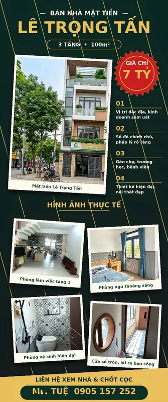 Bán nhà mặt tiền Lê Trọng Tấn 100m2, 3 phòng ngủ, 6.99 tỷ