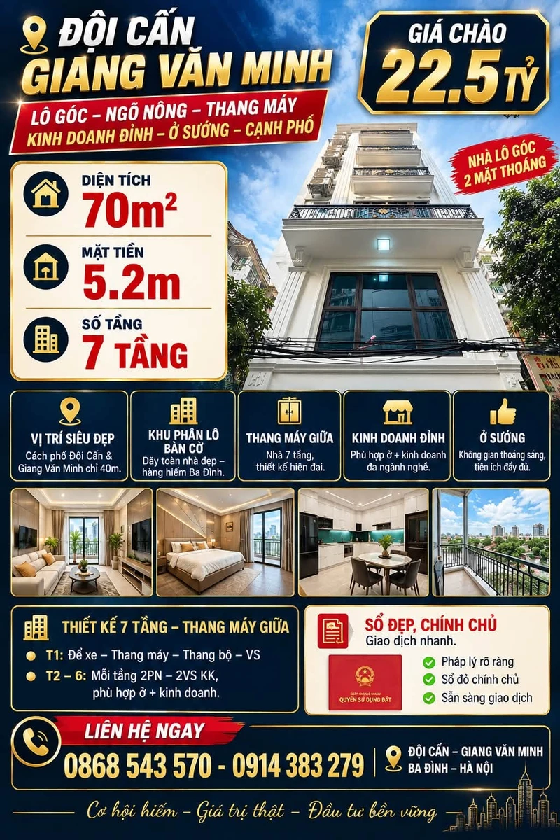 Bán nhà 7 tầng 70m² mặt tiền phố Giang Văn Minh, Hà Nội - Ảnh 1