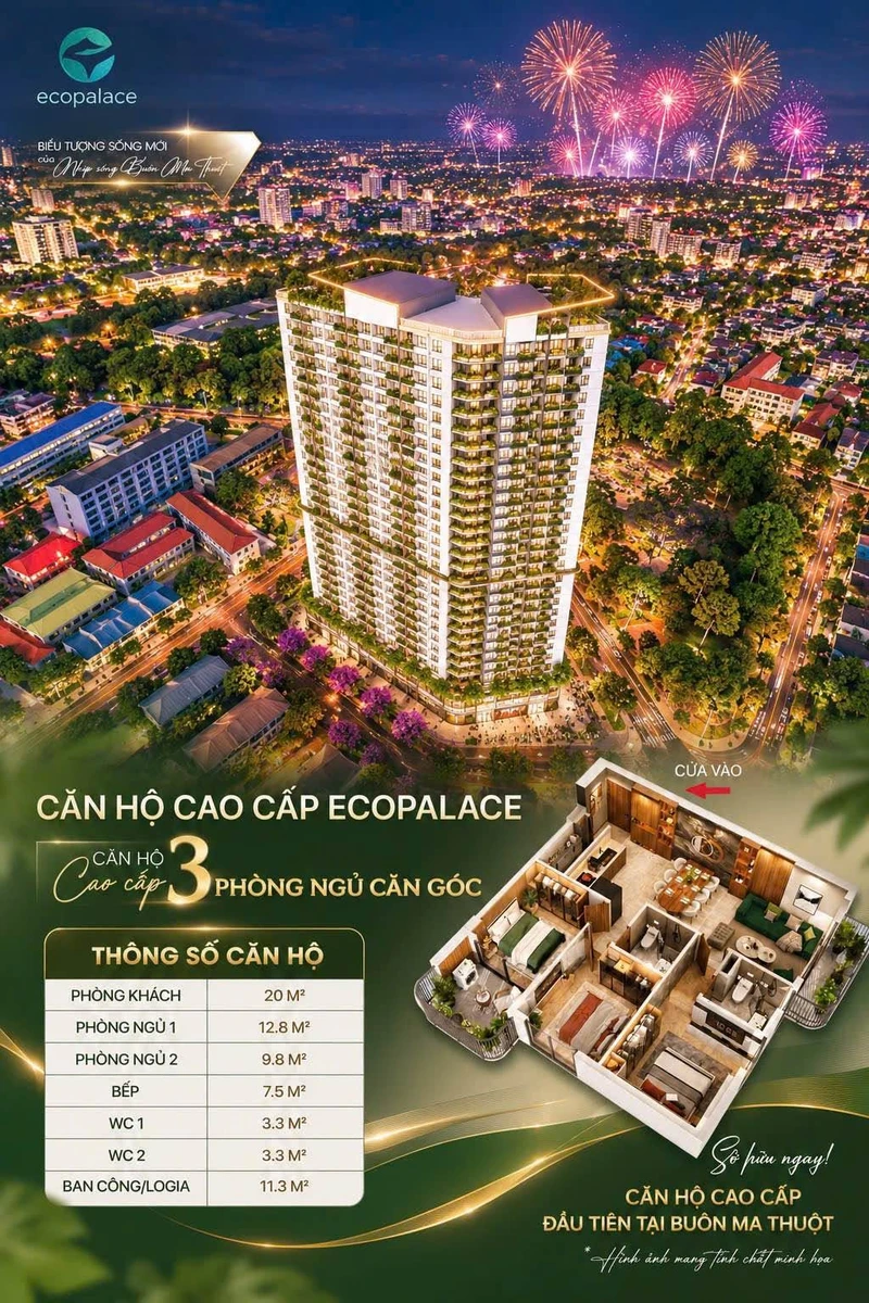 Bán căn hộ 3PN 85m² view pháo hoa Ecopalace Buôn Ma Thuột - Ảnh thu nhỏ 2