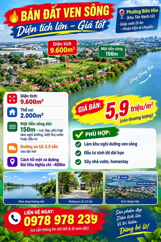 Bán đất view sông 9.600m² mặt tiền 150m Biên Hòa Dĩ An