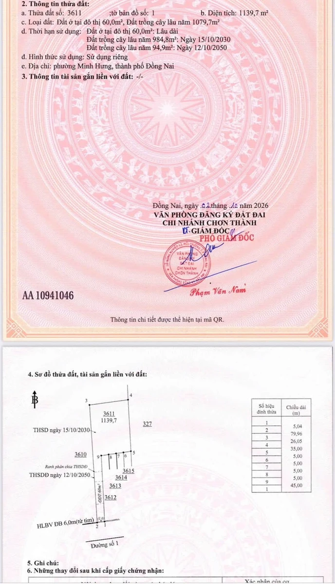 Đất sào có thổ cư 1.139 m2 Phường Minh Hưng - Ảnh 1