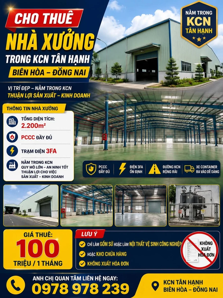 Cho thuê nhà xưởng 2.200m² trong KCN Tân Hạnh Biên Hòa 100 triệu/tháng - Ảnh 1