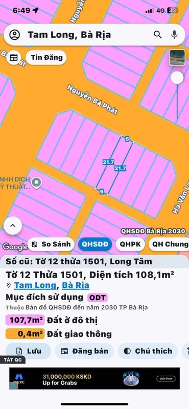 Bán lô đất 108.5m² Bà Rịa - 2.6 tỷ