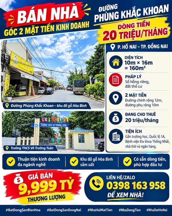Bán nhà 2 mặt tiền 160m² đường Phùng Khắc Khoan, Đồng Nai