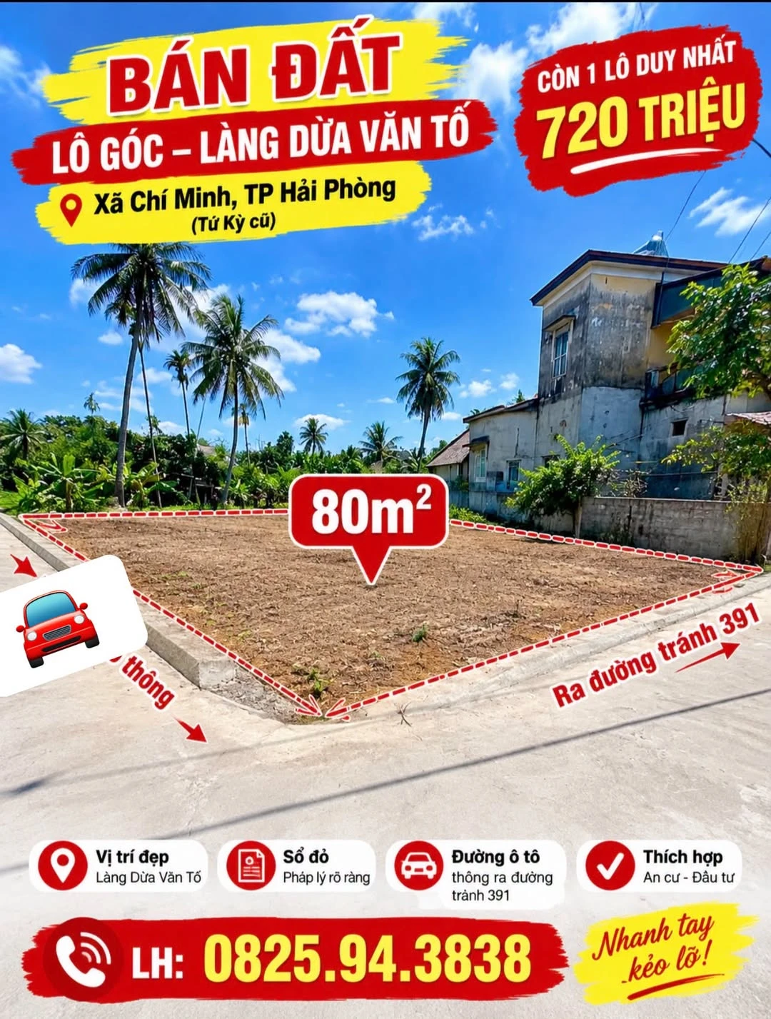 Bán lô góc 80m² Làng Dừa Văn Tố, Hải Phòng, giá 720 triệu - Ảnh 1