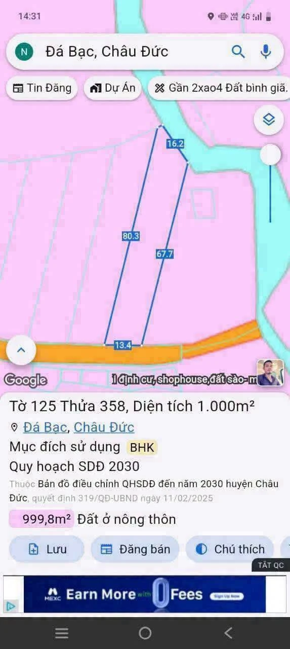 Bán đất 1000m2 mặt tiền 13.4m Xã Nghĩa Thành 1 tỷ 5 - Ảnh 1