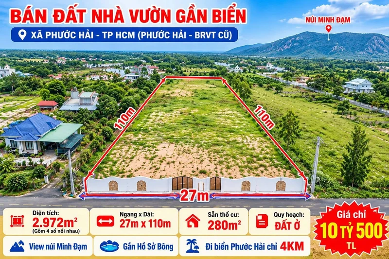 Bán đất nhà vườn 2.972m² view núi gần biển Phước Hải