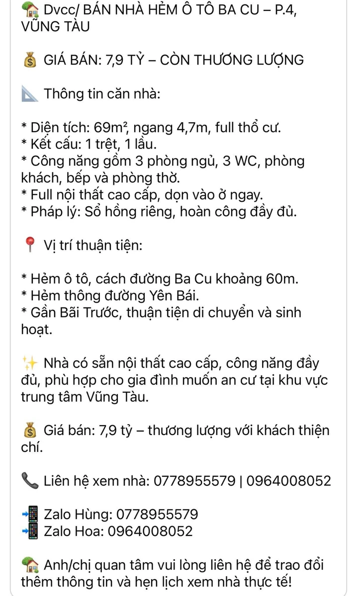 Bán nhà hẻm ô tô 69m² 3PN Ba Cu Vũng Tàu - Ảnh 1