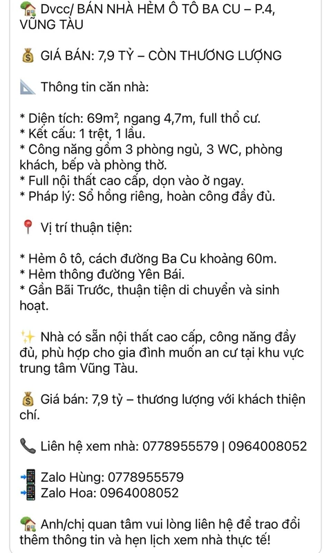 Bán nhà hẻm ô tô 69m² 3PN Ba Cu Vũng Tàu