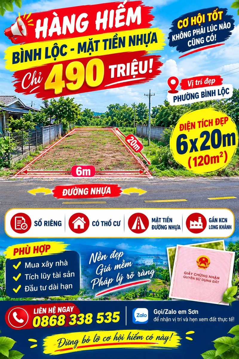 Bán đất Phường Bình Lộc 120m² sổ riêng 490 triệu - Ảnh 1