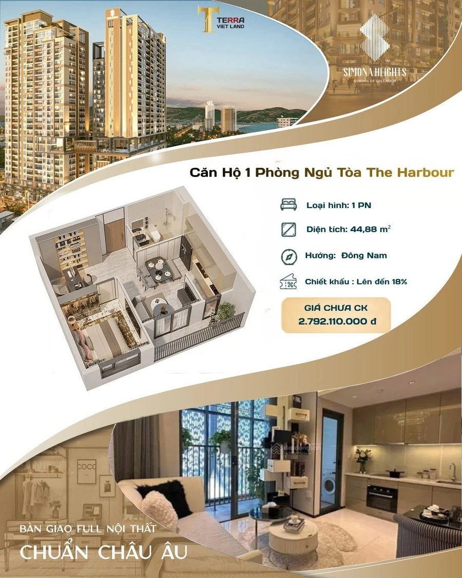 Bán căn hộ 1PN Simona Heights Quy Nhơn 44.88m² 2.79 tỷ - Ảnh 1