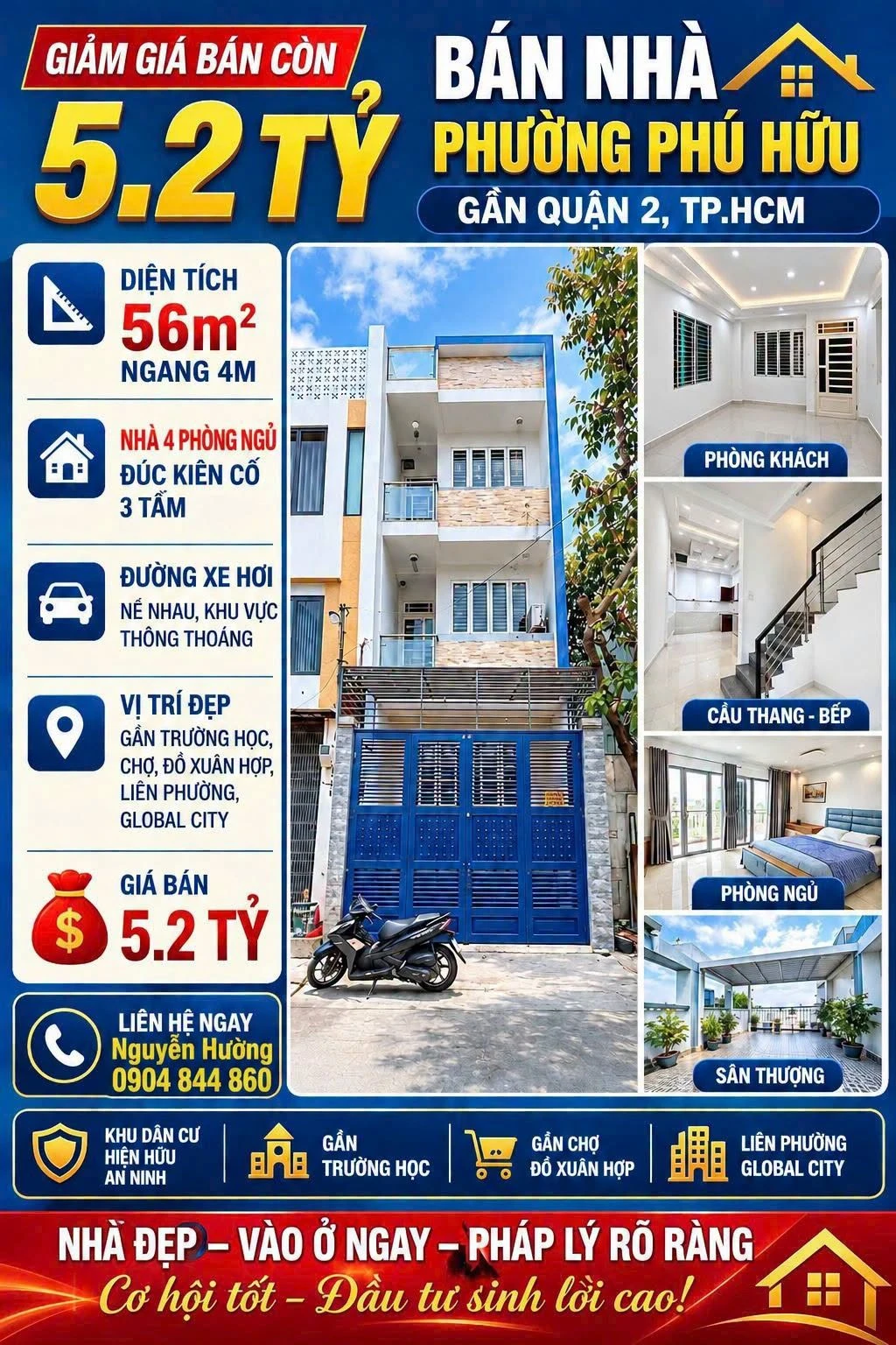 Bán nhà phố 3 tầng 4 phòng ngủ Phú Hữu 5,2 tỷ - Ảnh 1