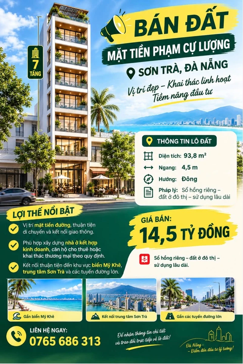 Bán đất mặt tiền Phạm Cự Lượng, Sơn Trà, Đà Nẵng 93,8m² 14,5 tỷ - Ảnh 1