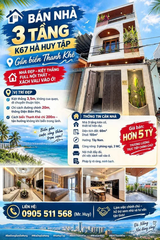 Bán nhà 3 tầng 155m² mặt kiệt Hà Huy Tập gần biển Thanh Khê