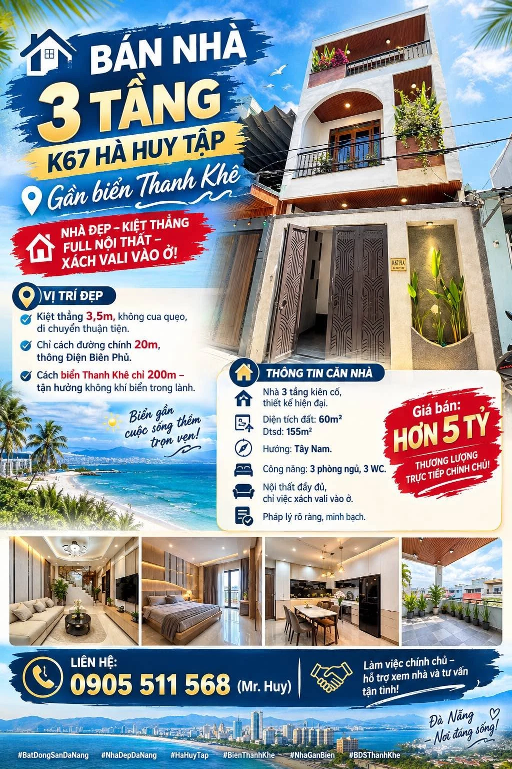 Bán nhà 3 tầng 155m² mặt kiệt Hà Huy Tập gần biển Thanh Khê - Ảnh 1