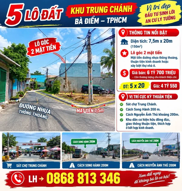 Bán đất lô góc 2 mặt tiền 7,5x20m (150m²) gần chợ Trung Chánh, Hóc Môn, giá 6,7 tỷ