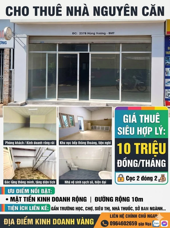 Cho thuê nhà nguyên căn 117.6m2 mặt tiền Hùng Vương, Buôn Ma Thuột