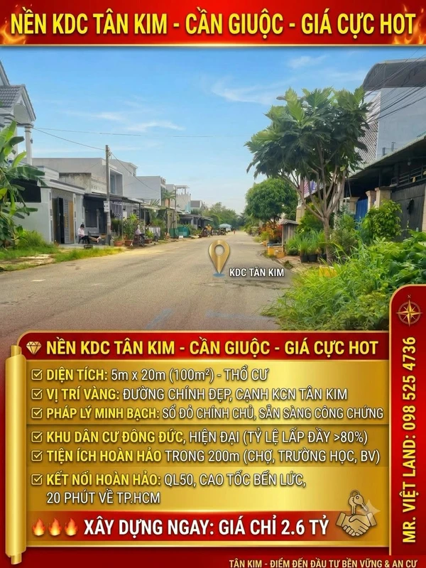 Bán đất nền KDC Tân Kim, Cần Giuộc, Long An 100m2 giá 2,6 tỷ