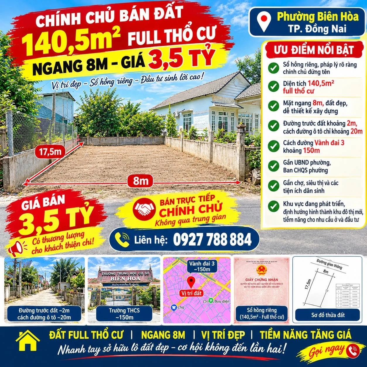 Bán đất 140,5m² thổ cư ngang 8m Phường Biên Hòa 3,5 tỷ - Ảnh 1