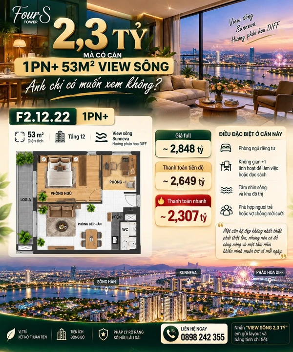 Bán căn hộ 1PN+ 53m² view sông FourS Tower tầng 12 Đà Nẵng