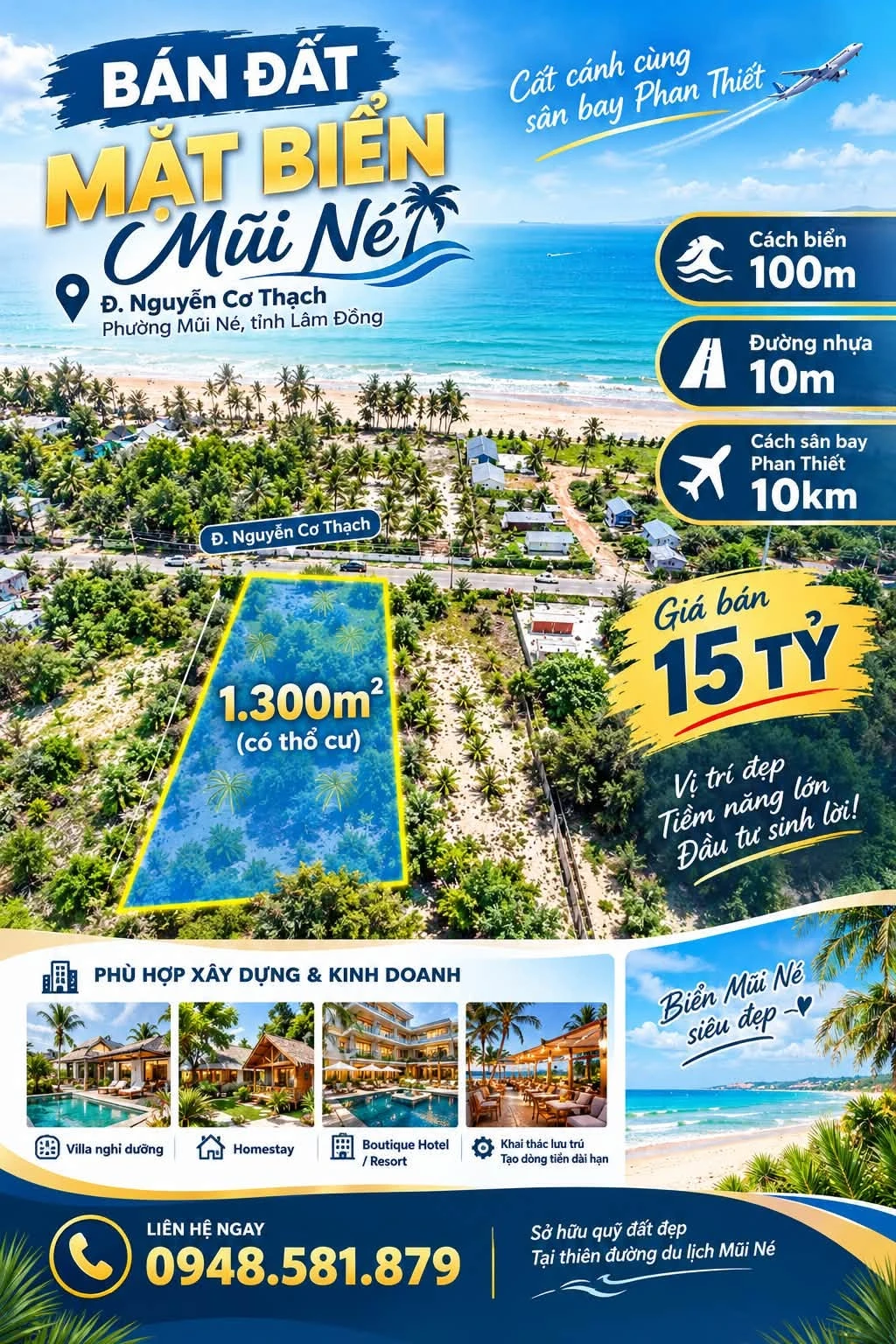 Bán đất mặt biển Mũi Né 1.300m² đường Nguyễn Cơ Thạch giá 15 tỷ - Ảnh 1