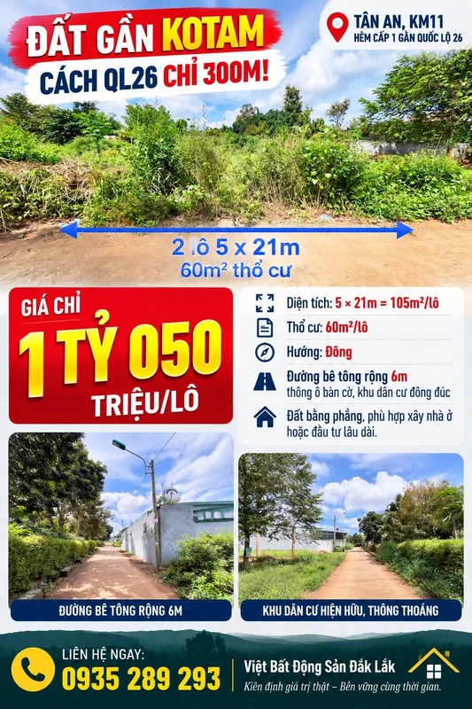 Bán đất 105m² gần Kotam, cách QL26 300m, Đắk Lắk