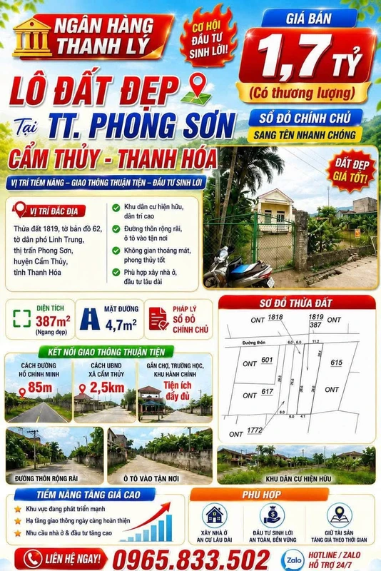 Bán lô đất 387m² Thanh Hóa - Cẩm Thủy - 1,7 tỷ