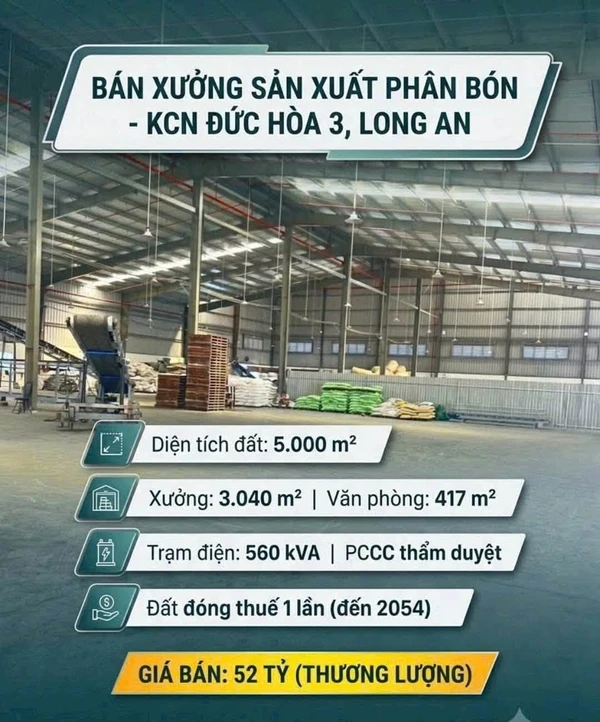 Bán xưởng sản xuất phân bón 5.000 m² KCN Đức Hòa 3, Long An, giá 52 tỷ