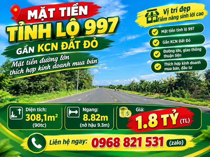 Bán đất mặt tiền Tỉnh lộ 997 gần KCN Đất Đỏ 308m2