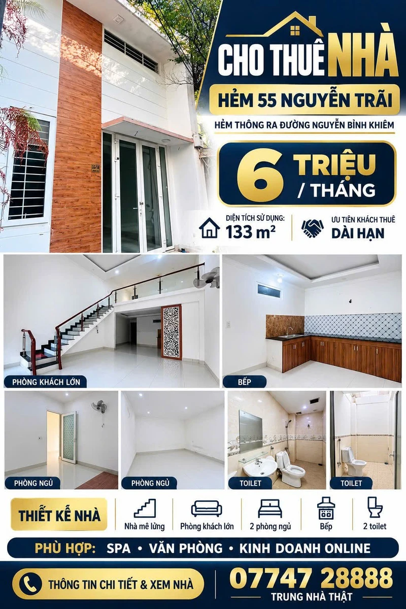 Cho thuê nhà hẻm Nguyễn Trãi 133m2, 2PN, 6 triệu/tháng - Ảnh 1