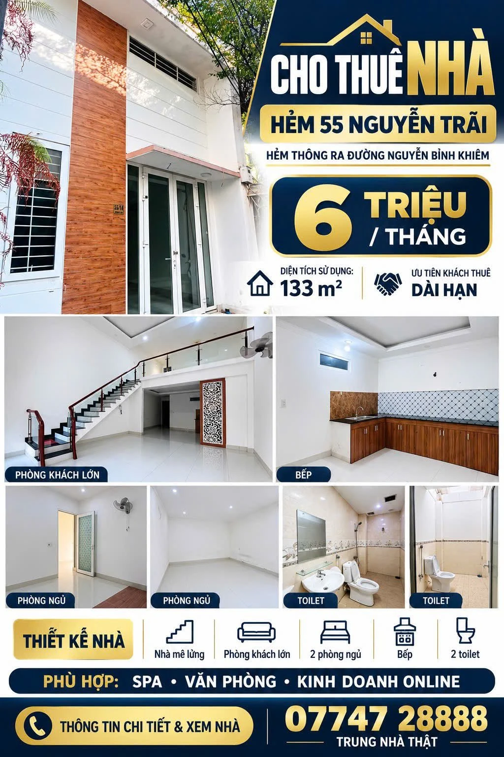Cho thuê nhà hẻm Nguyễn Trãi 133m2, 2PN, 6 triệu/tháng - Ảnh 1