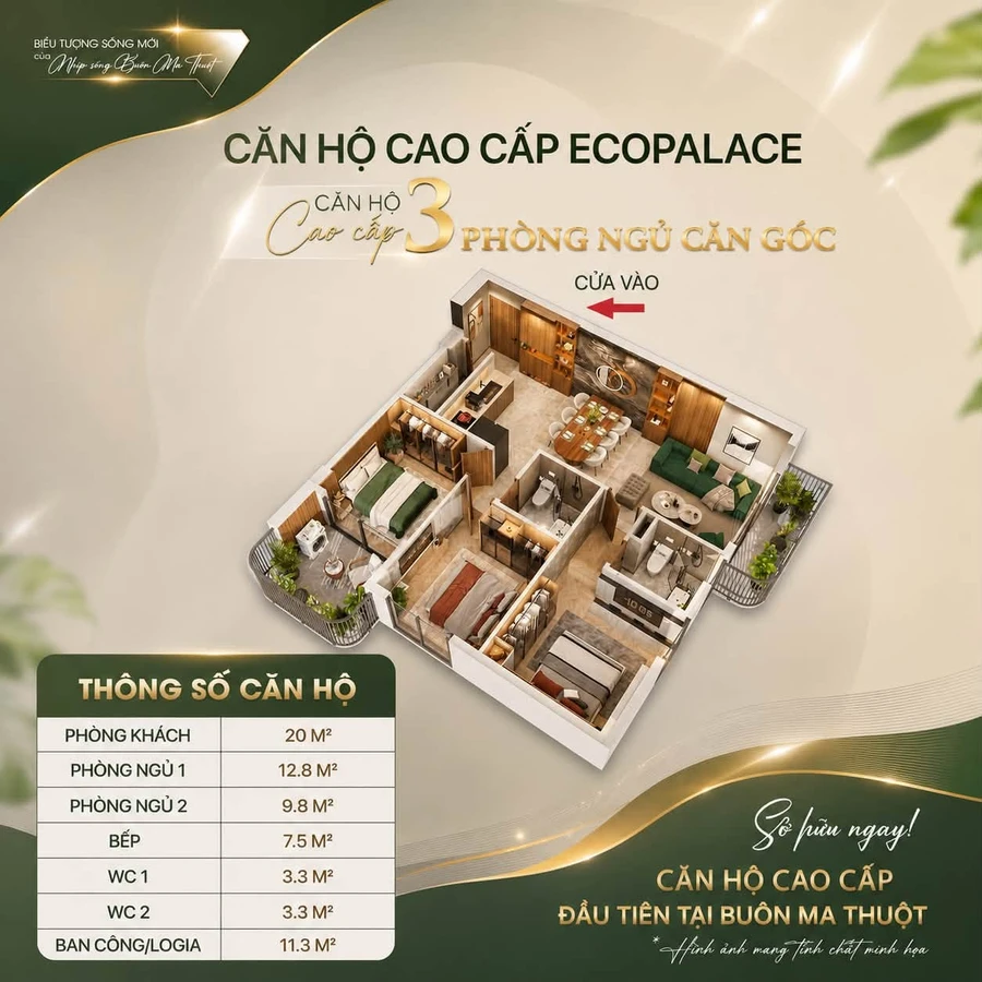 Bán căn hộ 3 phòng ngủ 85m2 view pháo hoa tại Ecopalace Buôn Ma Thuột - Ảnh thu nhỏ 2