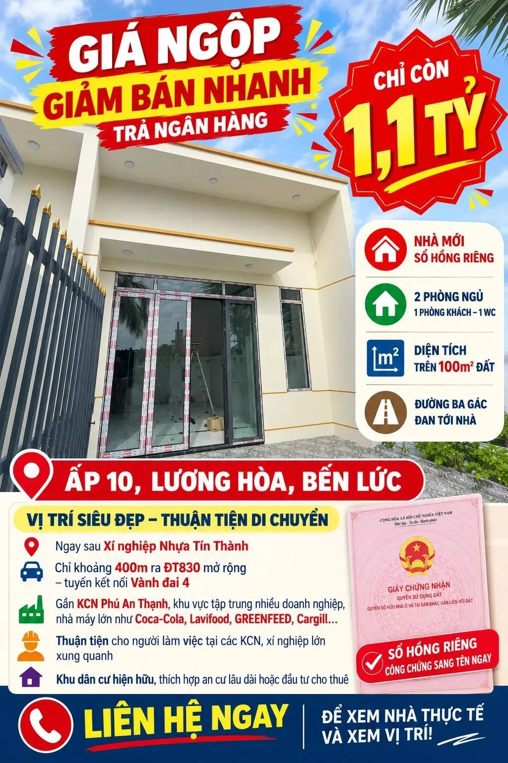 Bán nhà mới 2PN, 100m² sổ hồng riêng Lương Hòa, Bến Lức, 1,1 tỷ - Ảnh 1