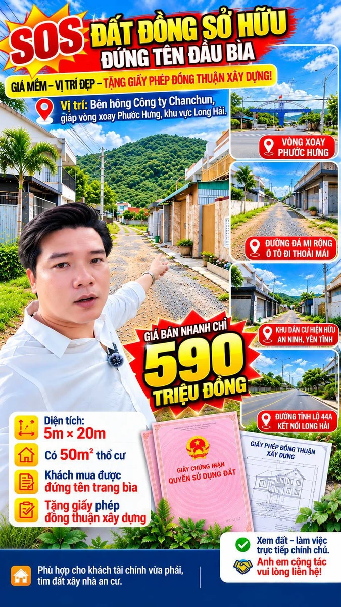 Bán đất thổ cư Long Hải 100m² giá 590 triệu - Ảnh 1