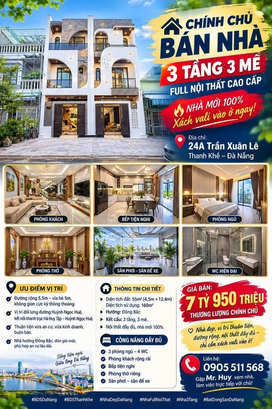Bán nhà 3 tầng 160m² full nội thất Thanh Khê Đà Nẵng