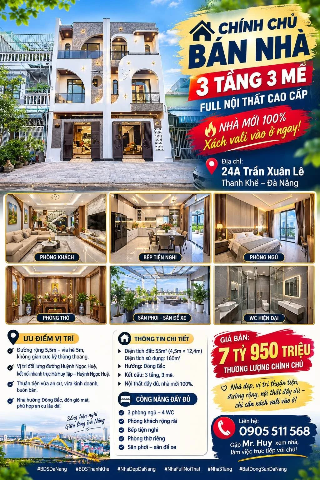 Bán nhà 3 tầng 160m² full nội thất Thanh Khê Đà Nẵng - Ảnh 1
