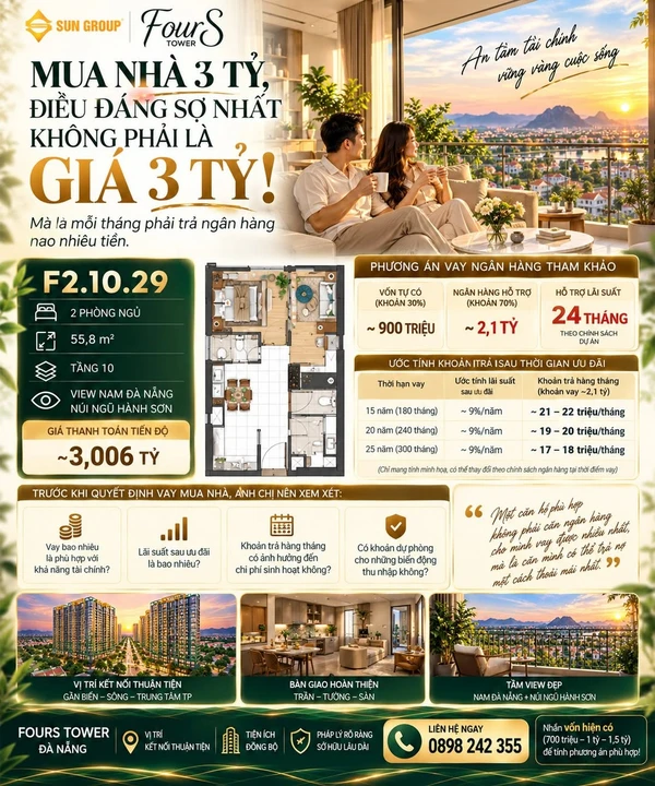 Bán căn hộ 1PN+ 55,8m² tầng 15 FourS Tower, Đà Nẵng, giá khoảng 3,315 tỷ