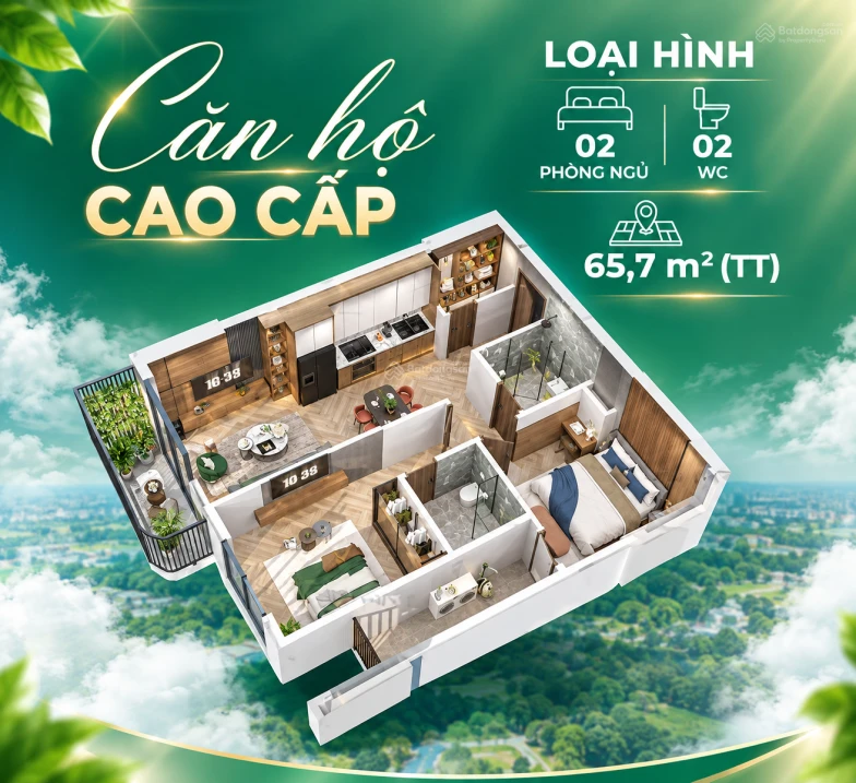 Căn hộ 2PN Eco Palace Buôn Ma Thuột tầng 33, hướng Tây Nam, 63,8m2 giá 2,93 tỷ - Ảnh 1