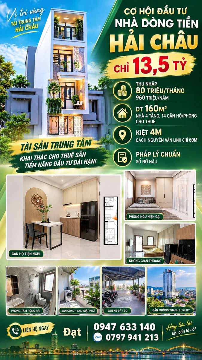 Bán nhà dòng tiền Hải Châu 160m² - 13,5 tỷ, cho thuê 80tr/tháng - Ảnh 1