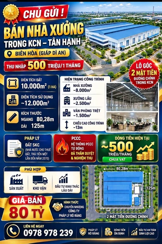 Bán nhà xưởng 10.000m² KCN Tân Hạnh Biên Hòa - 80 tỷ