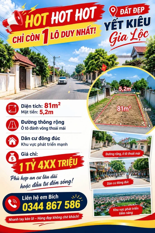 Bán đất Gia Lộc 81m², mặt tiền 5,2m, giá 1 tỷ 4 triệu