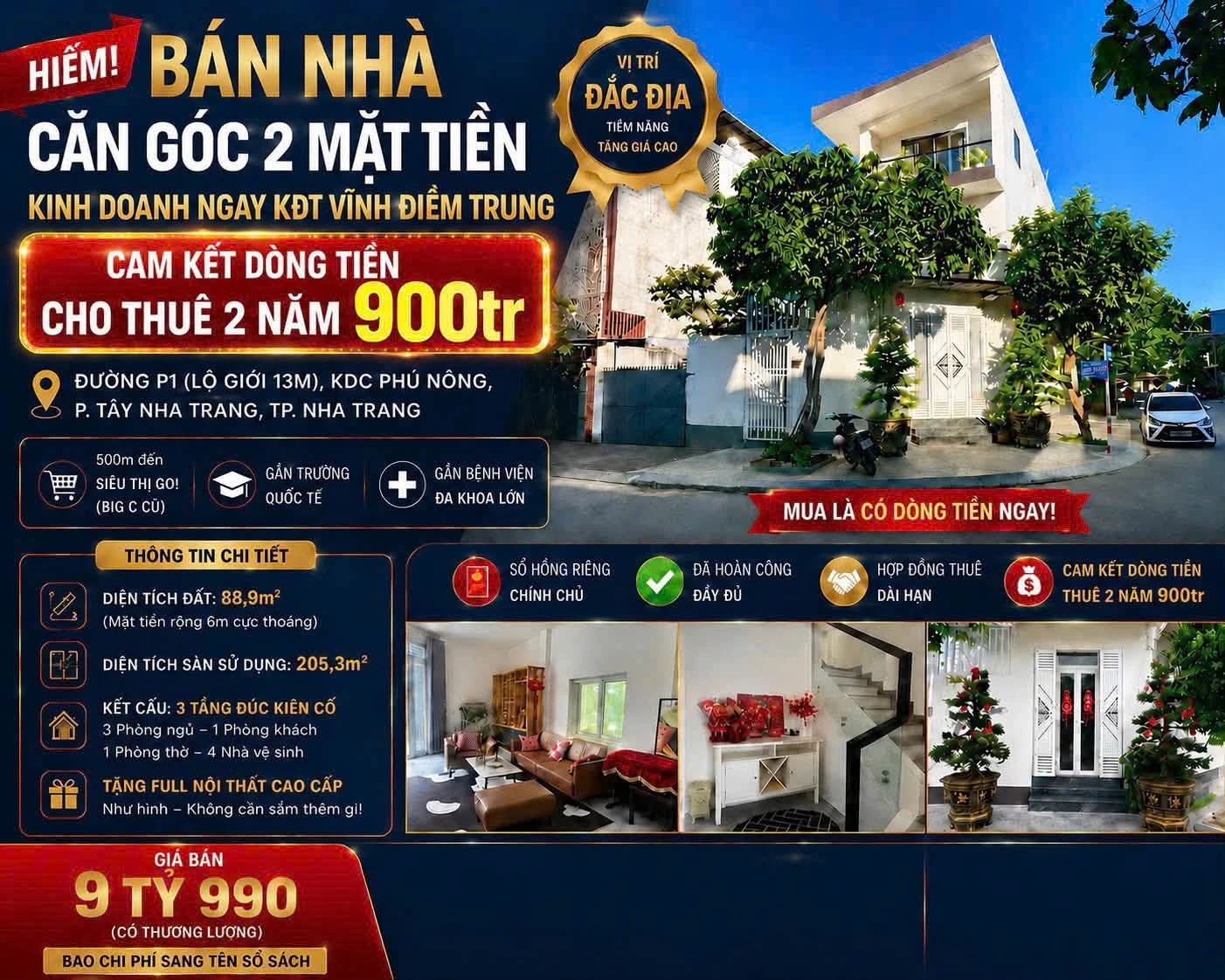 Bán nhà góc mặt tiền 88.9m² 3 tầng ở Nha Trang, giá 9.99 tỷ - Ảnh 1