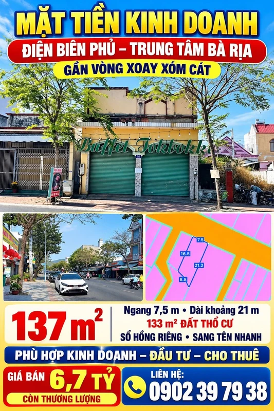 Bán mặt tiền kinh doanh Điện Biêu Phủ 137m² Bà Rịa 6,7 tỷ