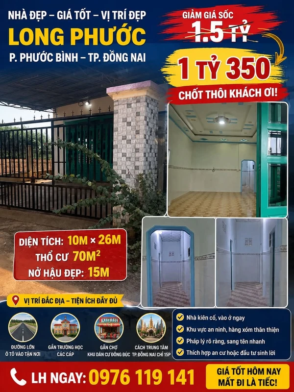 Bán nhà Long Phước Đồng Nai, 70m², 1.35 tỷ
