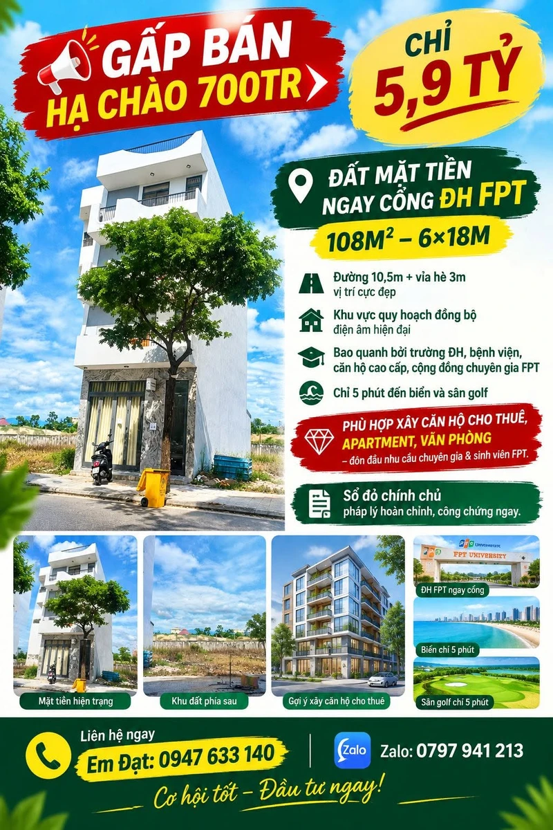 Bán đất mặt tiền 108m² gần ĐH FPT Đà Nẵng, 5.9 tỷ - Ảnh 1